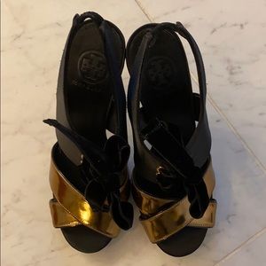 Tory Burch Black Satin and Bronze Sandals NEW